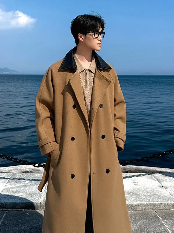 

Trendy Briti Sle Men's Over-Knee Woolen Coat Long Lapel Windbreaker Outerwear Casual Youthful Autumn Faion