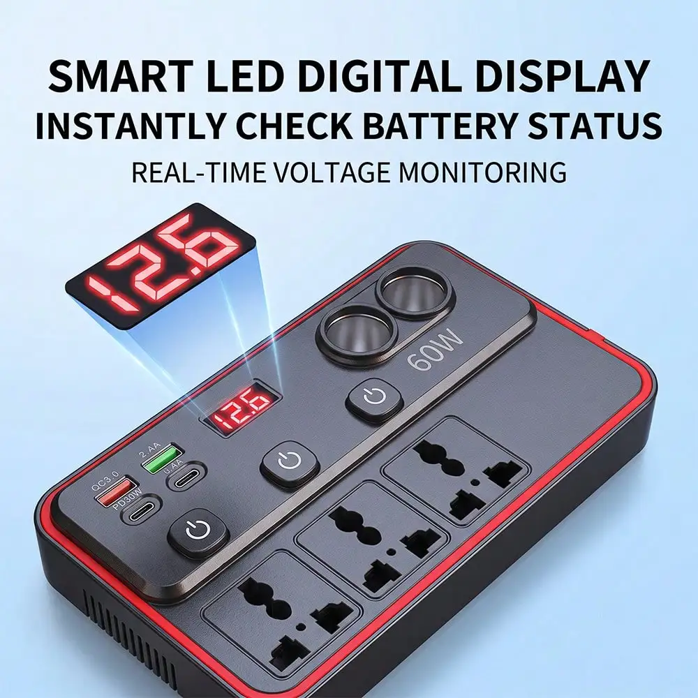 Vehicle Inverter, Car Inverter, Power Inverter, 150W Portable Car Power Converter With Control Switch & Digital Voltage Display, Supply AC Power For Small Electronics, Ideal Power Adapter For RV, Camping And Vehicle Road Trips