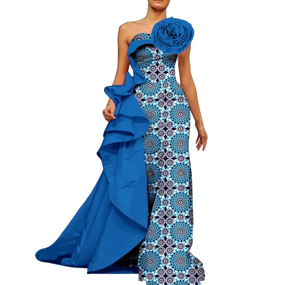 Elegant African Women's Dresses Off Shoulder Robe Long Ankara Print Dashiki Dress African Party Clothing WY5849