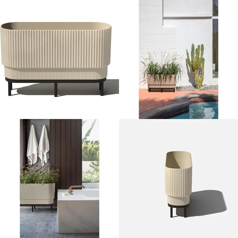 

Raised Long Planter for Indoor/Outdoor Use - Plastic and Stone Material with Wooden Stand - Modern Patio Decorative Option