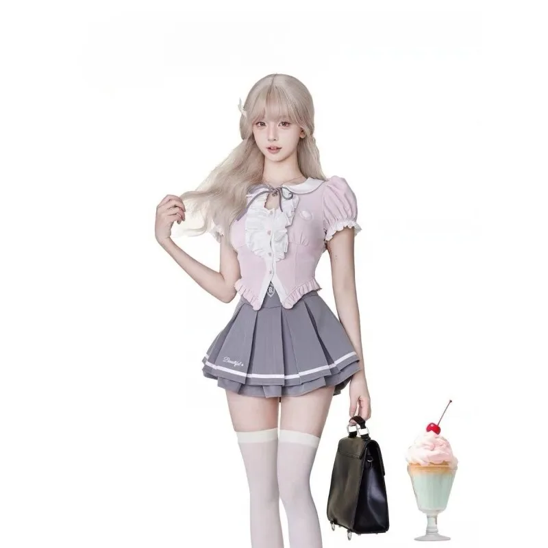 

2025 Summer New Puff Sleeve Slim Fit Pink Shirt Women+ Y2k Grunge High Waist Gray Ruched A-line Skirts Two Piece Sets
