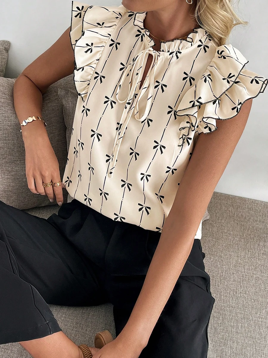 

Pop Hot Selling Summer European And American Lotus Leaf Short Sleeved Shirt With Drawstring Lace Collar Pullover For Women