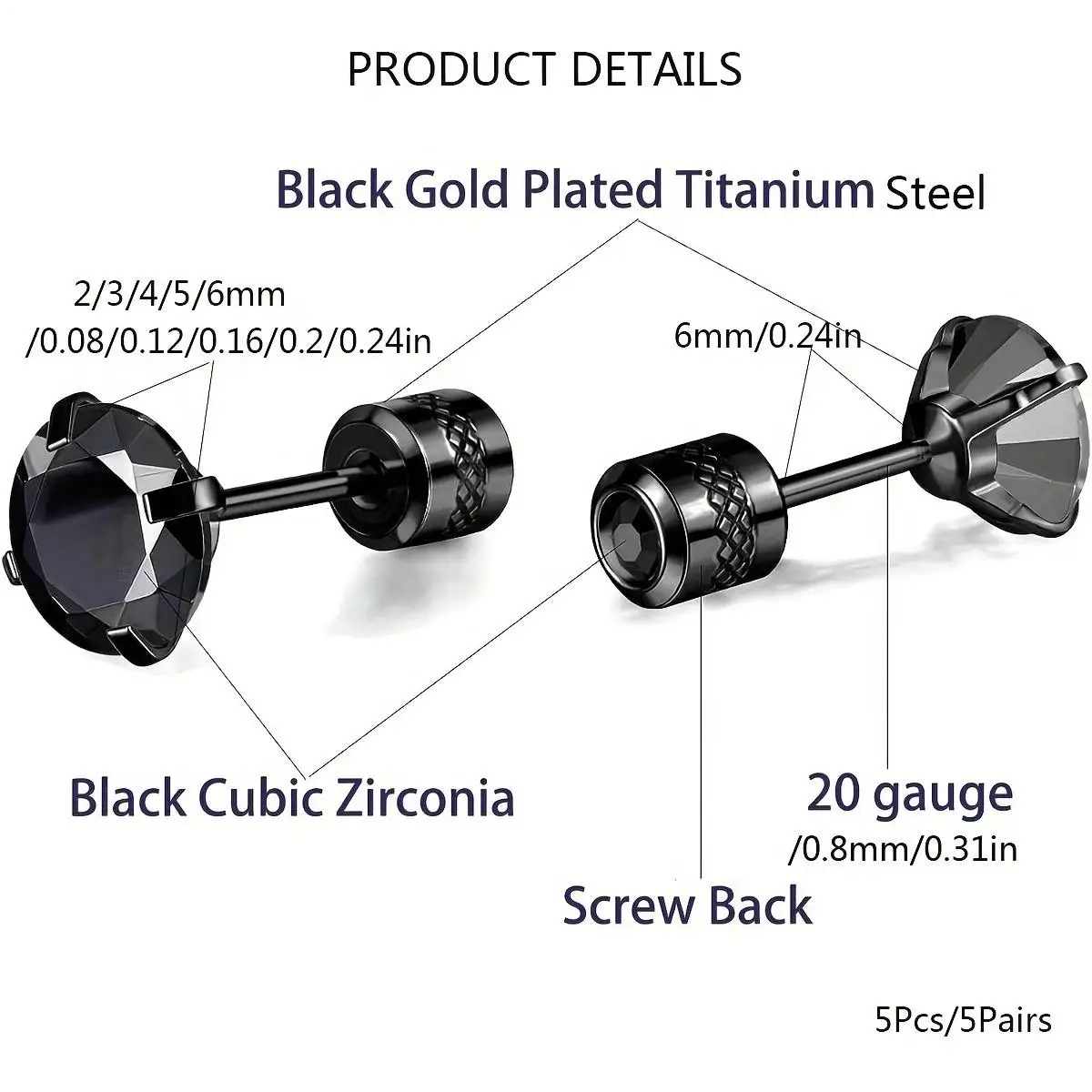 1pair Fashion Stainless Steel Cubic Zerconia Embossed Pattern Earrings Flat Back Cartilage Helix Unisex earrings Piercing