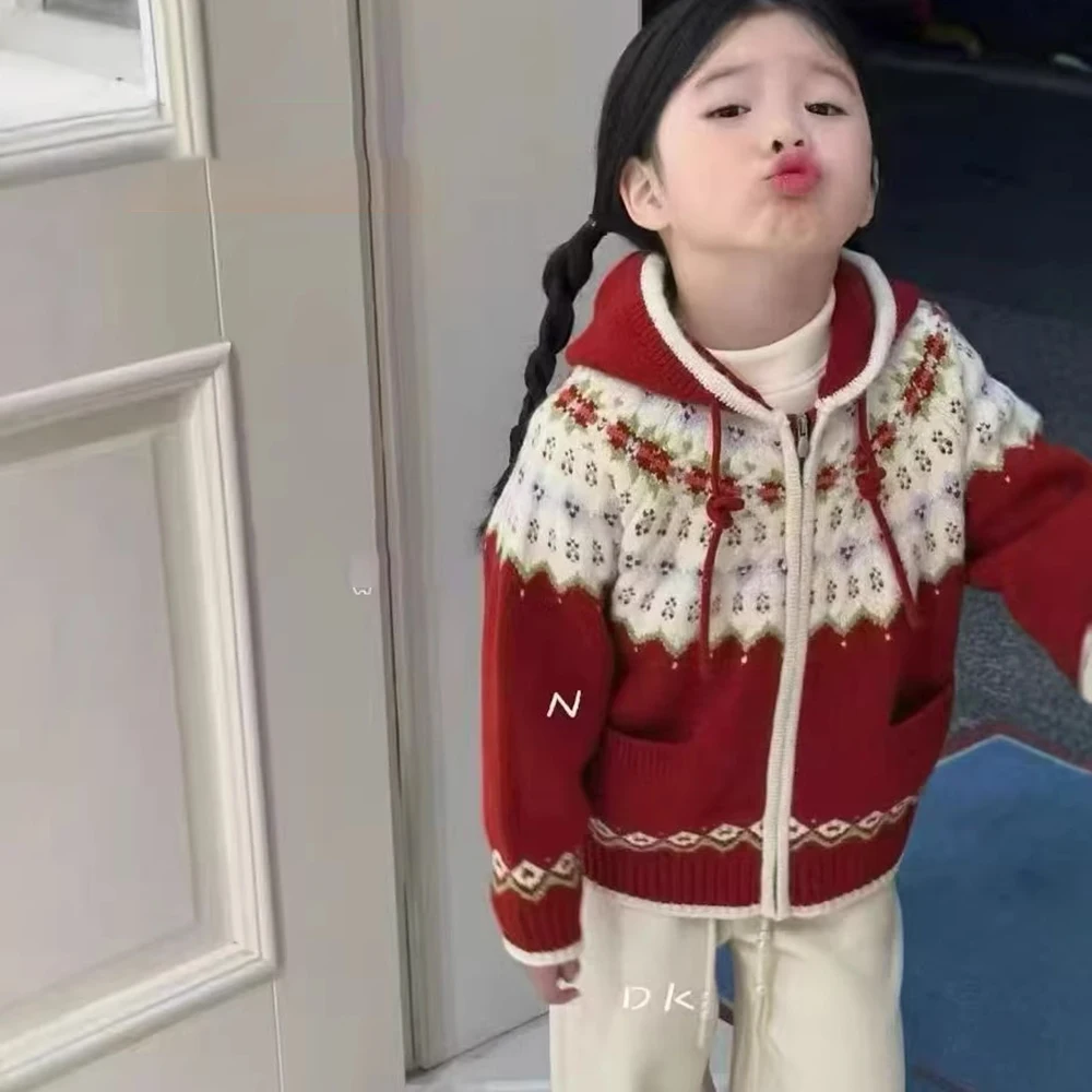 Kids Red Knitted Hooded Cardigan Jacket Autumn WInter Warm Floral Pattern Zipper Sweaters Coats Children Girls Knit Outerwear