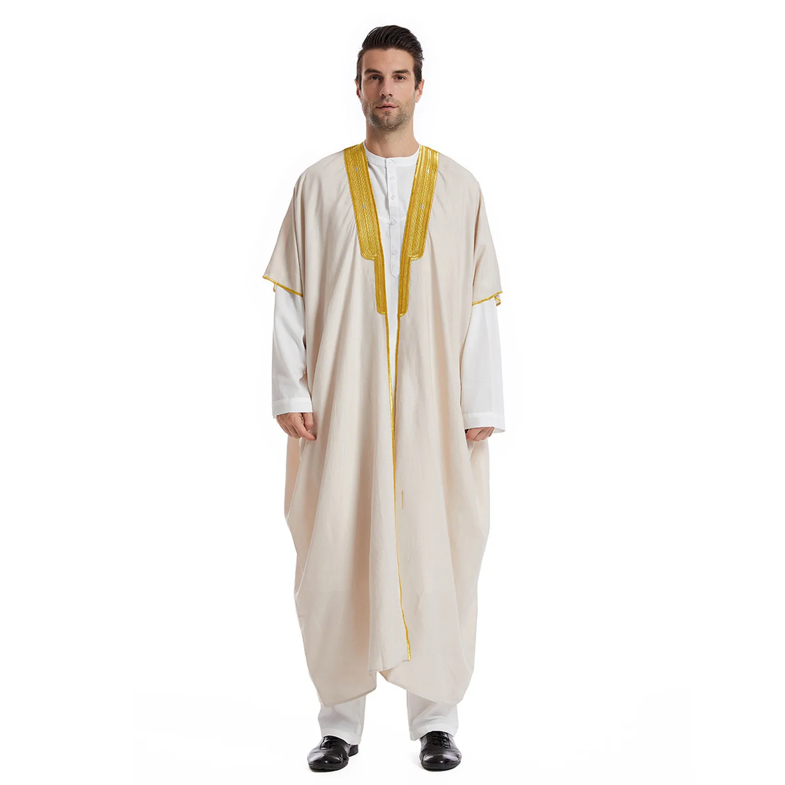 Kaftan Arab Muslim untuk pria, pakaian kardigan Kaftan Arab bergaya antik Lengan Panjang perca, jubah Thobe longgar Dubai, Arab Saudi, Kaftan, pakaian kardigan untuk pria