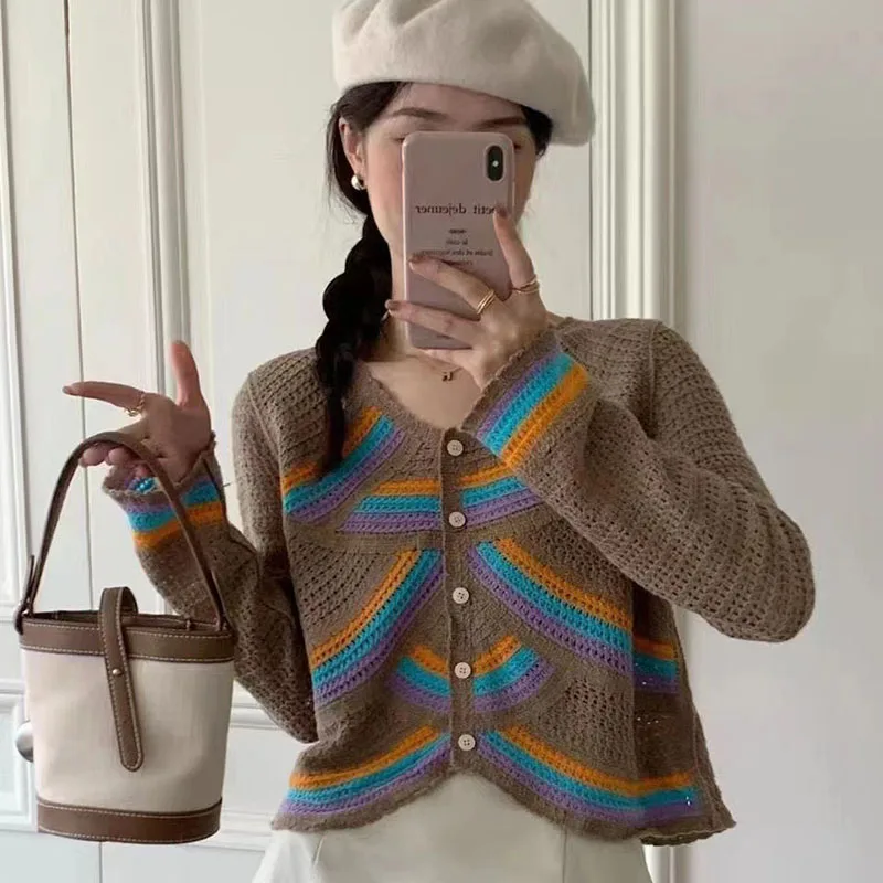 Chato mel chato mel arco-íris ondulado listras cor combinando babados camiseta fino cardigan casaco curto nova idade-reduzindo camisola
