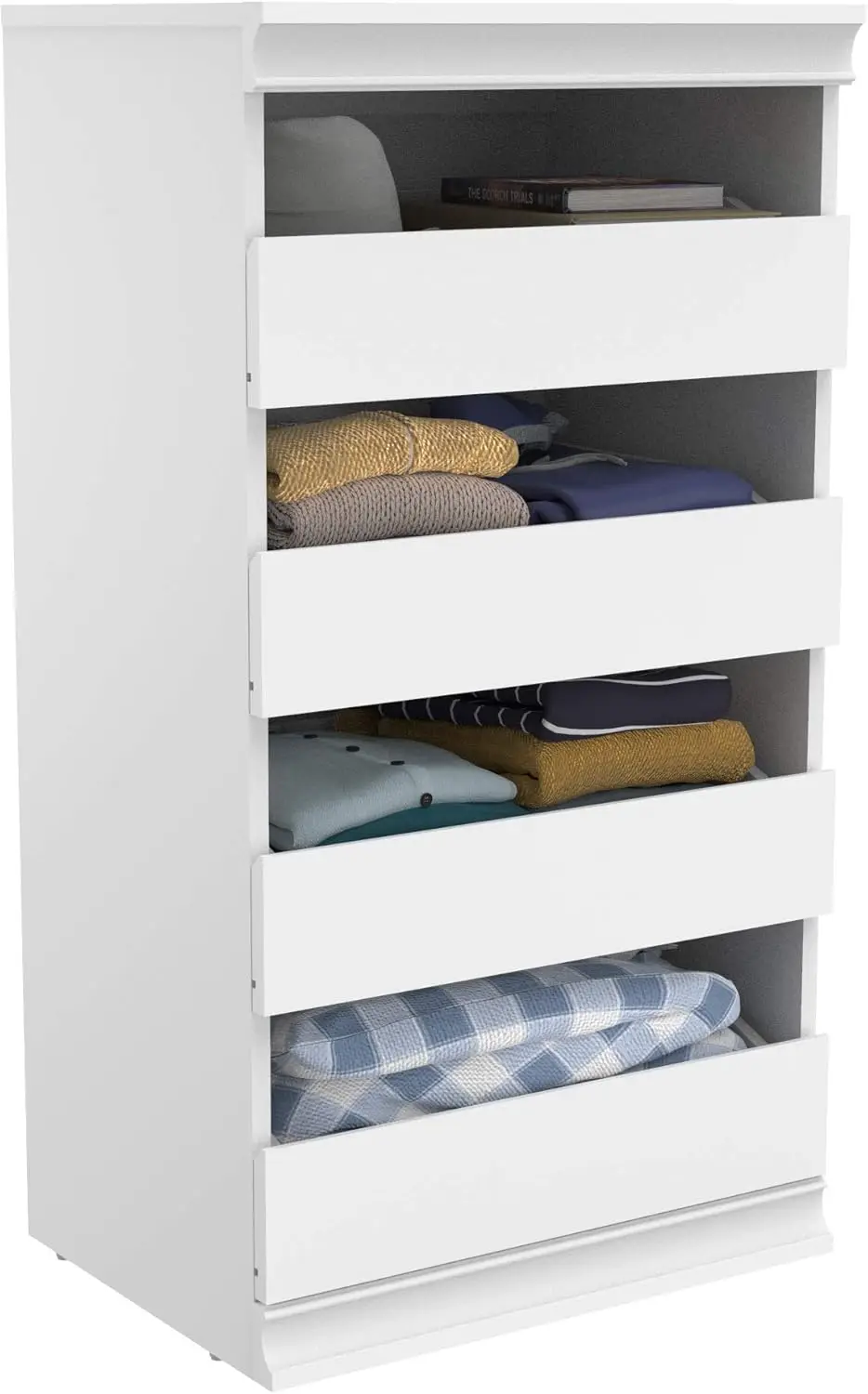 Modular Storage Unit with 4 Drawers, Wood Closet Organizer, Stacking, Full Backer, Storage, Decorative Trim, White