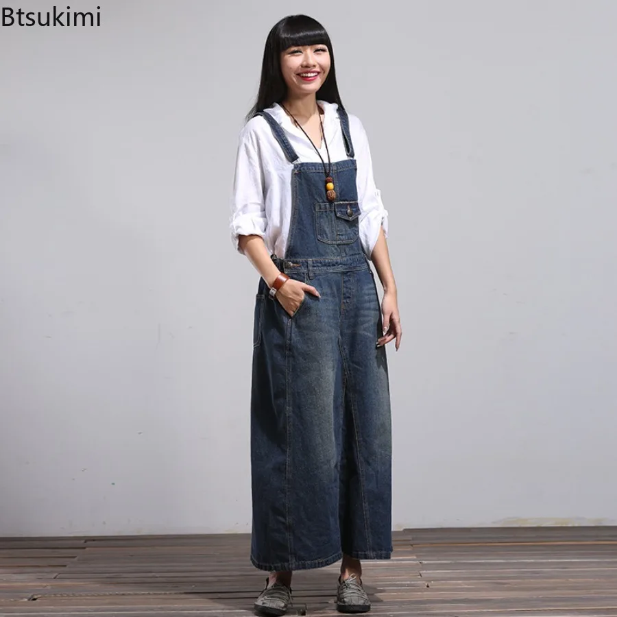 Street Style Casual Denim Skirts Women's Ankle-length Loose Vintage Suspender Dress Fashion Versatile Women Clothing All Seasons