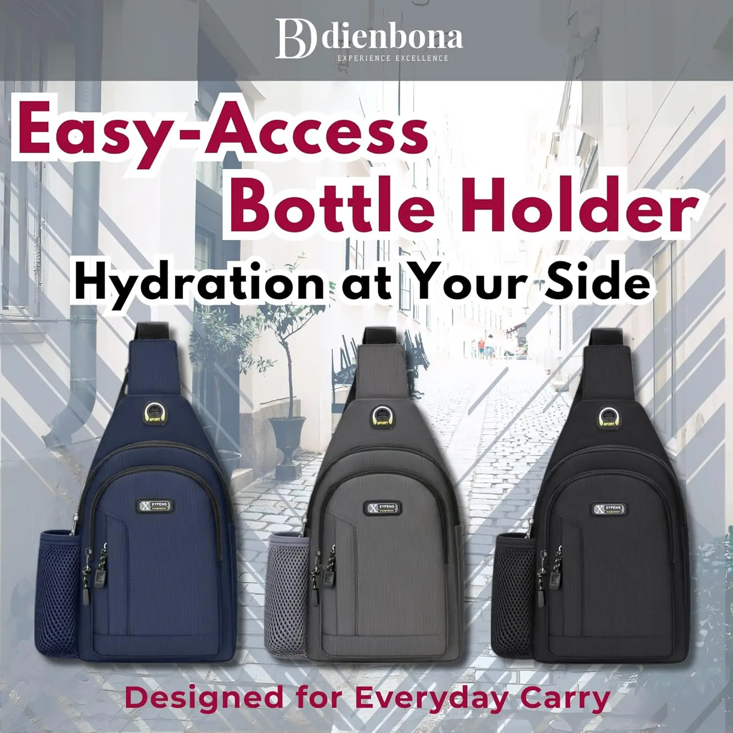 Man Nylon Sling Chest Bag with Bottle Holder Lightweight Waterproof Headphone Cable Hole Cycling Hiking Travel Crossbody Bag