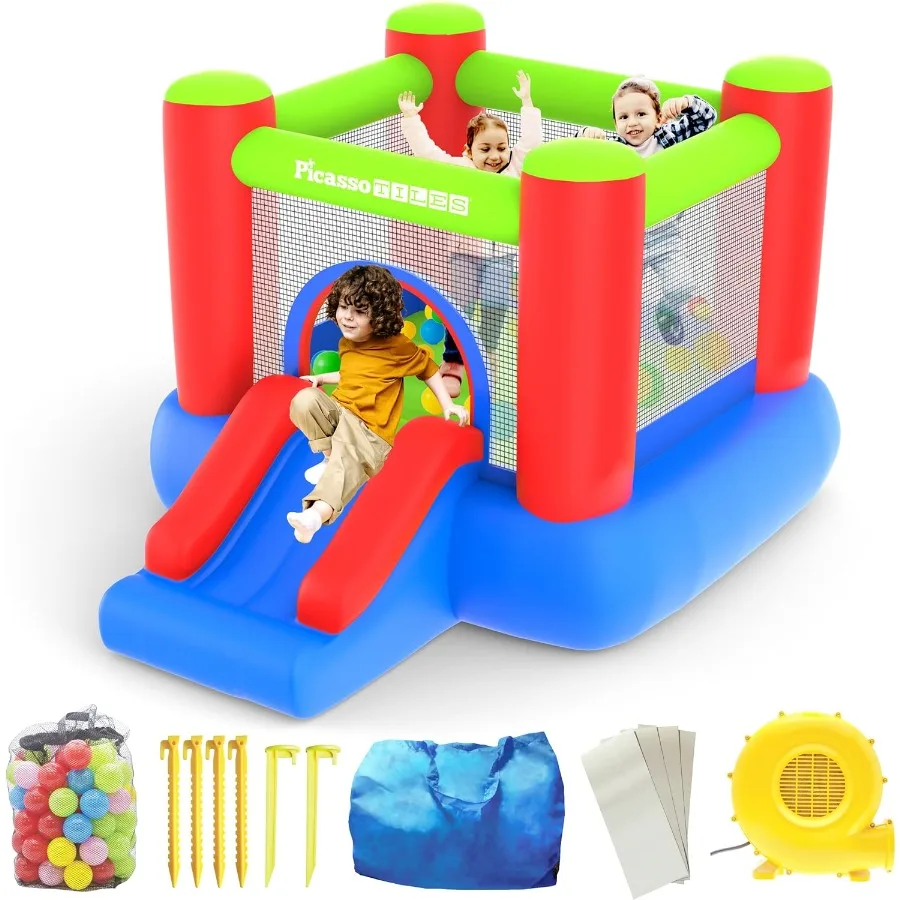 8x7 Foot Junior Inflatable Bouncer, Kid Park, Jumping Bouncing House, Jump Slide Playhouse w/ 50 Pit Balls, 3 Sides Mesh Protec