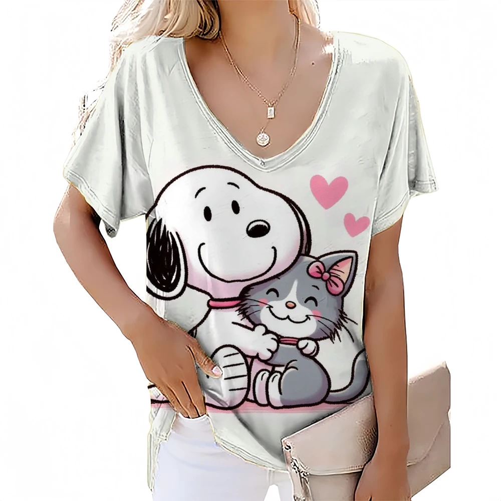 Women\'s T-shirt Snoopy print T-shirt Summer V-neck short sleeved T-shirt Large Women\'s Harajuku Street Summer Popular T-Shirt ﻿