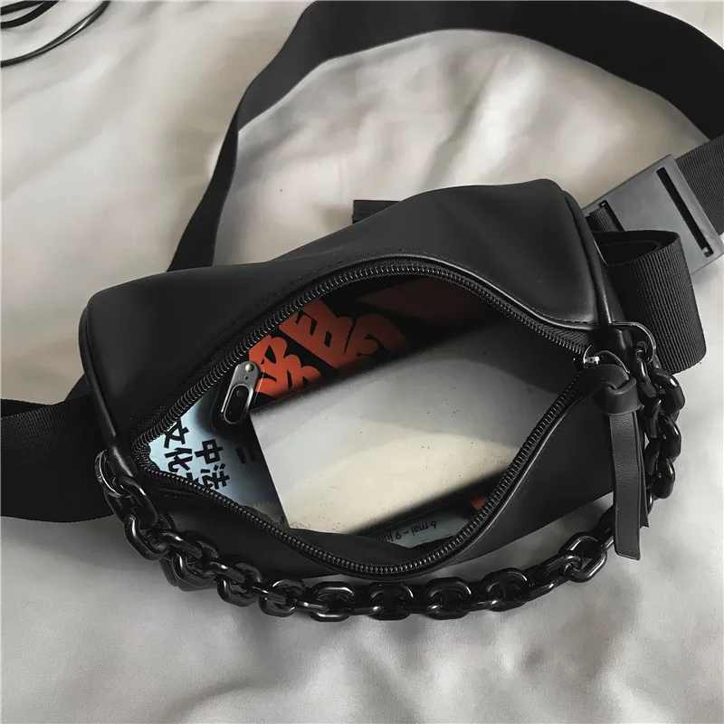 VC Minimal Street Trend Men\'s Shoulder Bag Fashion Chains Barrel-shaped Sling Bag Soft PU Leather Small Crossbody Bags for Men