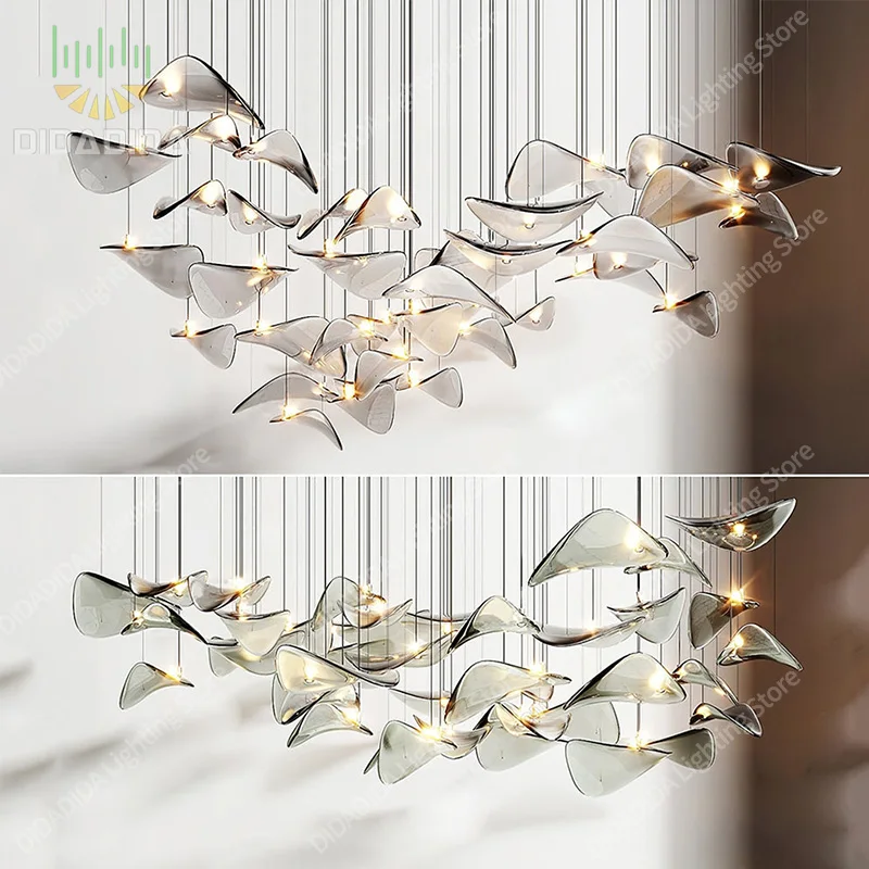 Modern Smoke Gray Glass Lustre Chandelier, Dimmable Hardware Pendant Lamp for Living Room & Villa