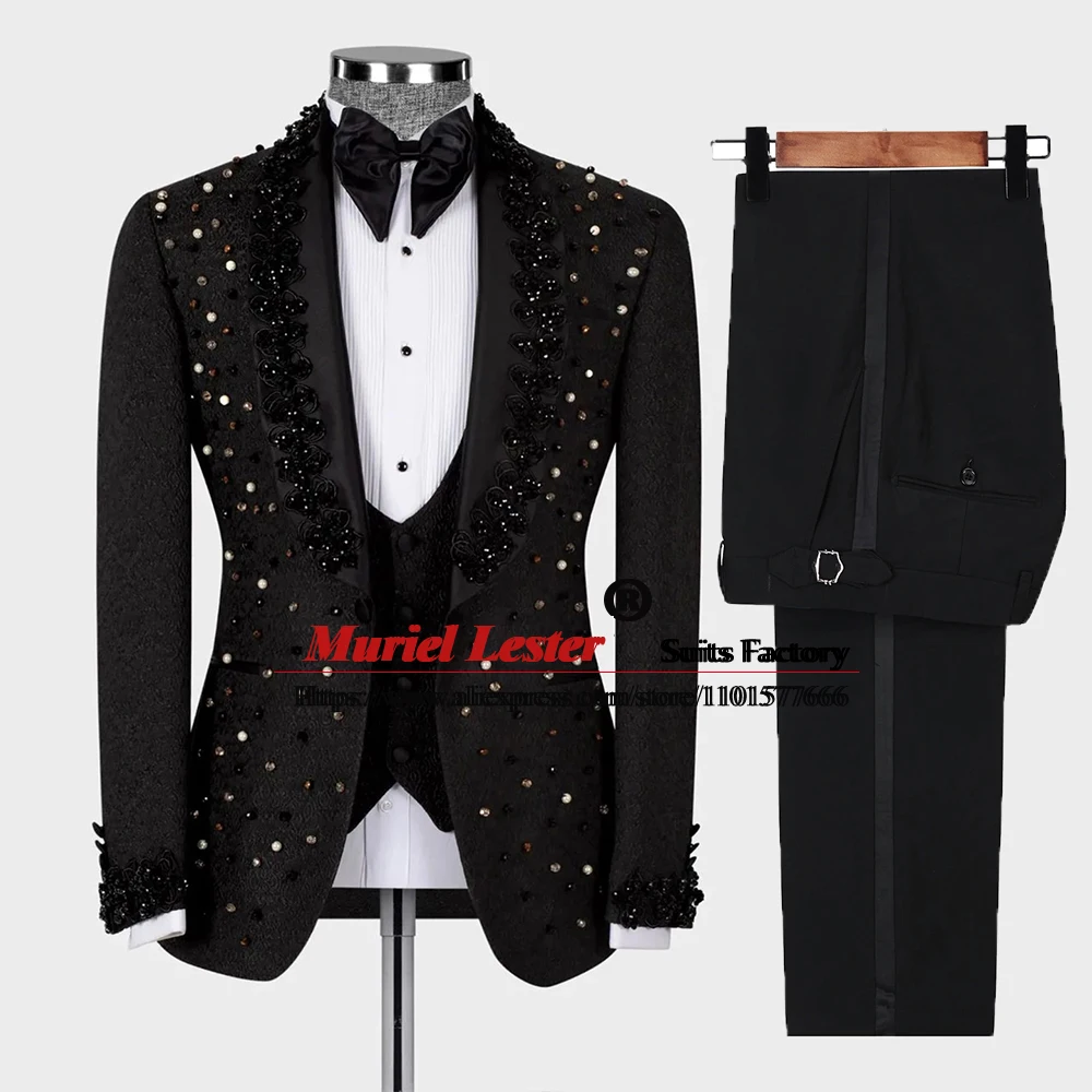 

Luxury Wedding Tuxedo Black Formal Groom Men Suits Slim Fit Crystals Beaded Peaked Laple Blazer Tailored Made Prom Dress 2023