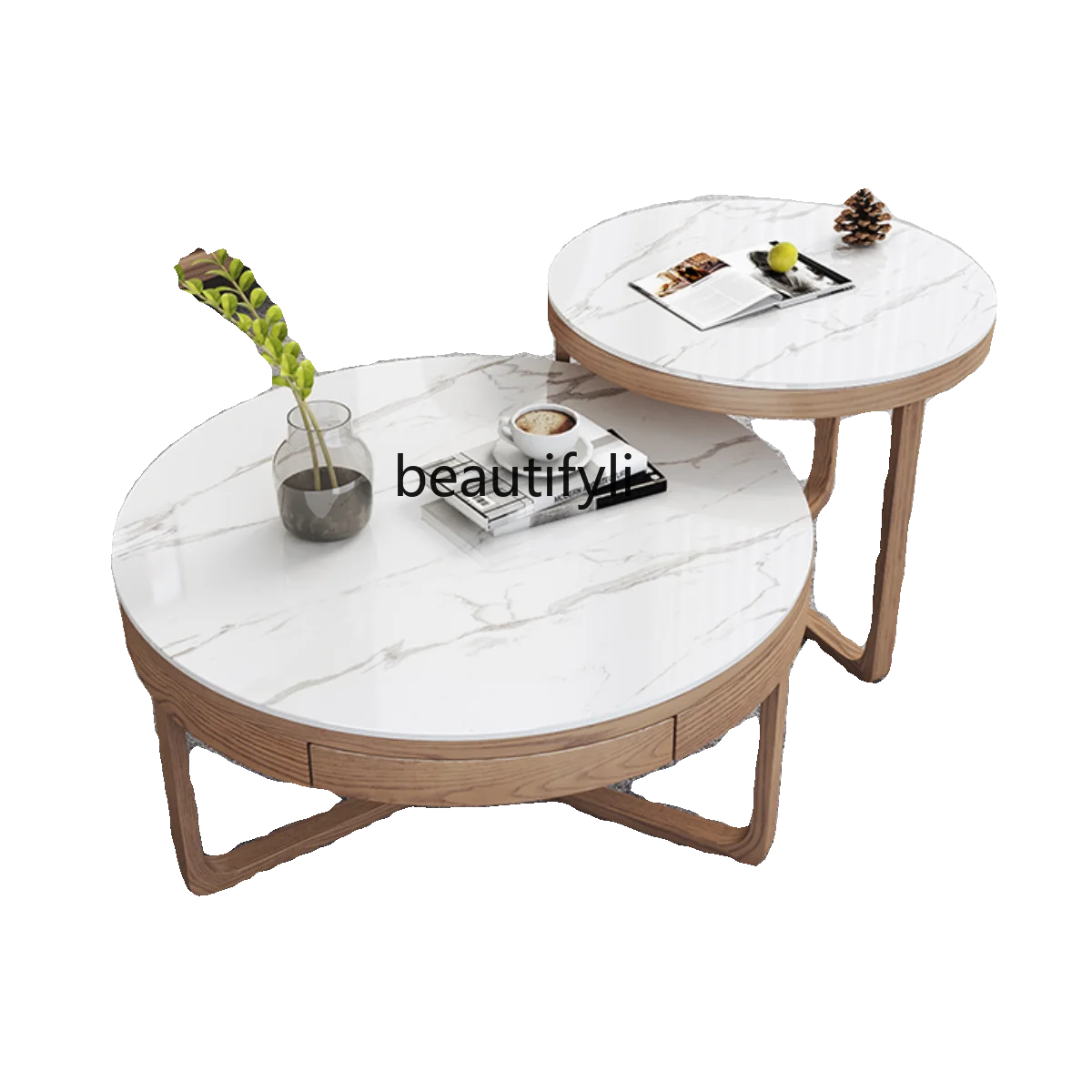 

Nordic rock slab coffee table round combination solid wood marble tea table small apartment living room minimalist furniture