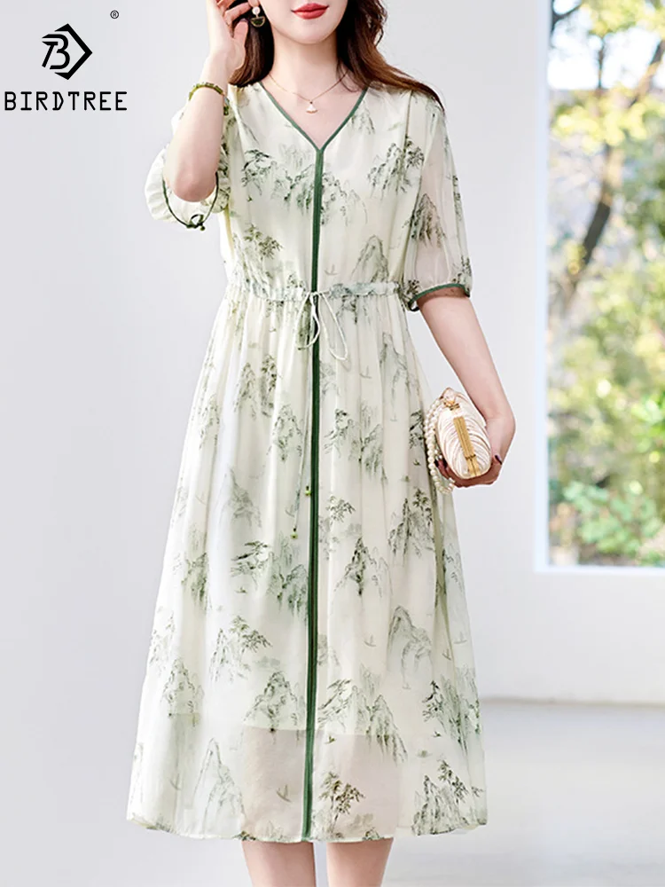 

BirdTree, 100%Real Silk Elegant Dress, Women Short Sleeve VNeck Printed, Fashion Chic Dresses, 2024 Summer Autumn New D46783QM