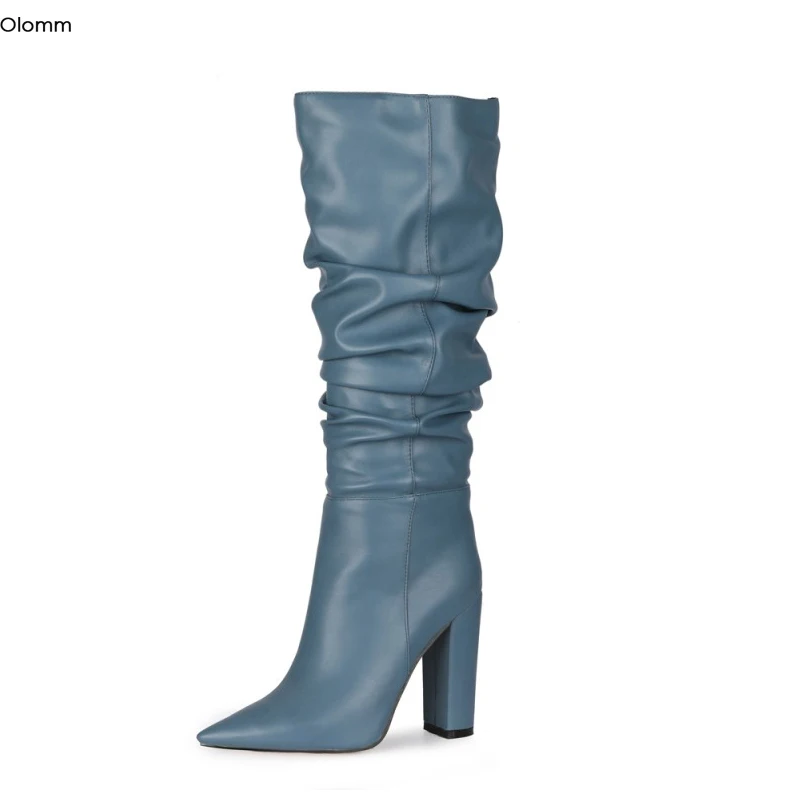 

Olomm новые женские сапоги до колена ручной работы, устойчивые квадратные высокие каблуки с острым носком, великолепные синие, черные вечерние туфли, женские размеры США 4-13