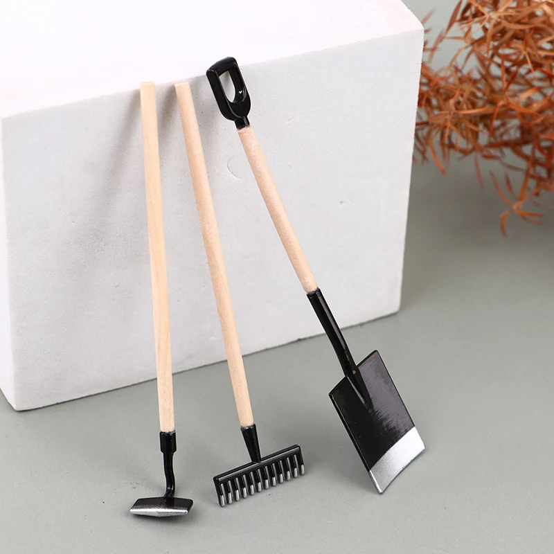 3Pcs 1:12 Scale Dollhouse Garden Tool Furniture Miniature Shovel Hoe and Pitchfork Farming Tools Furniture Toys