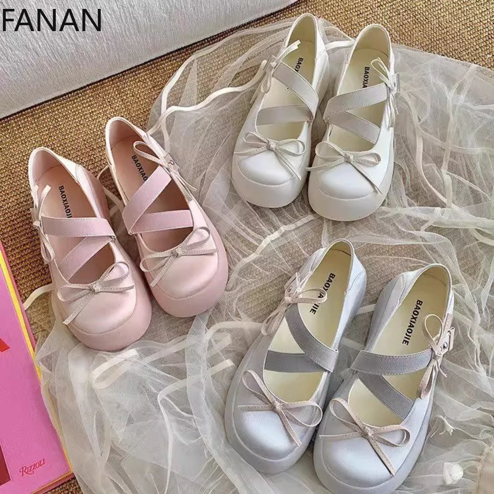 

Женские туфли на платформе Мэри Джейн на низком каблуке на плоской подошве, новинка 2023 года, летние балетки с бантом, легкие туфли-лодочки, розовые кроссовки