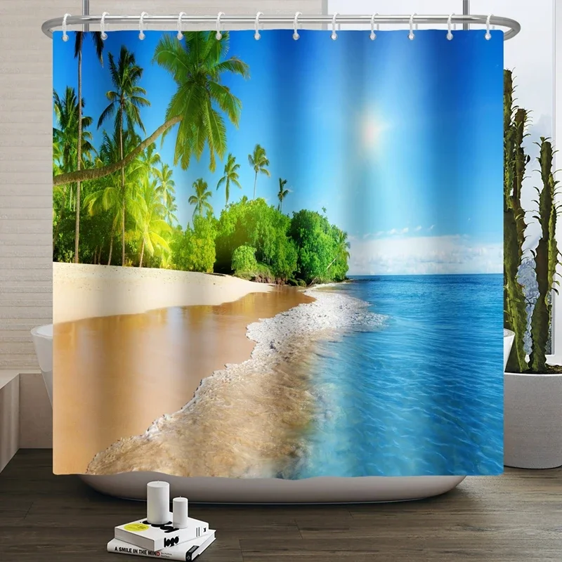 Summer Seaside Shower Curtains Ocean Beach View Coconut Trees Bath Curtain Polyester Fabric Bathroom Restroom Decor with Hooks