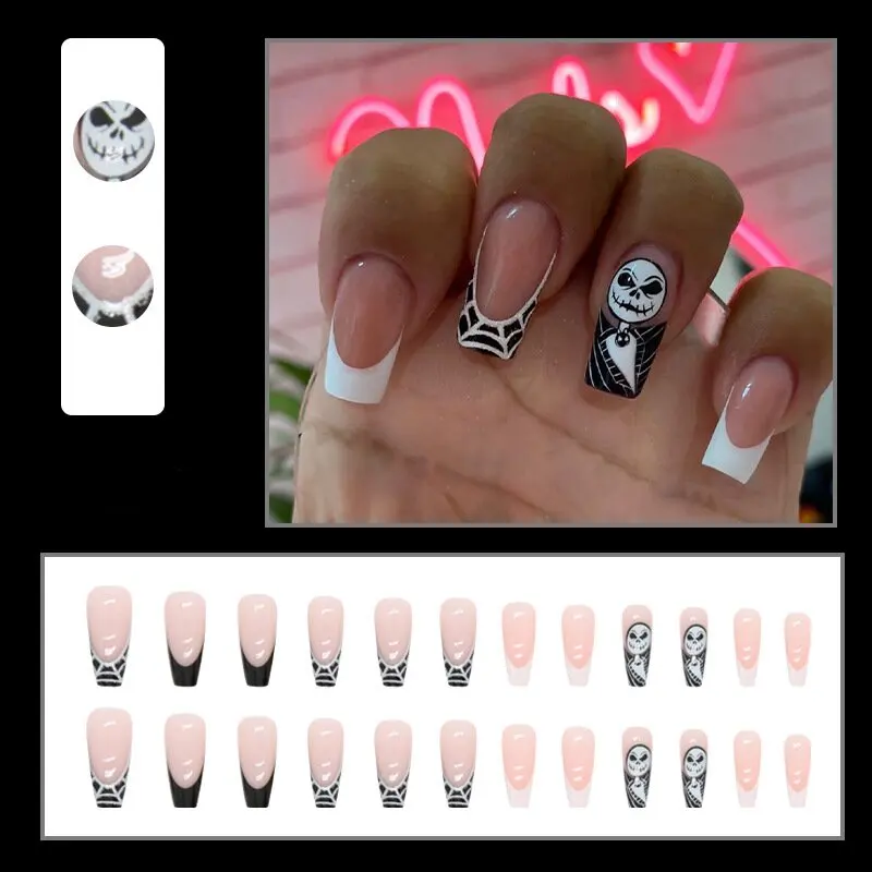 24 pcs black and white French medium length crew head ballet nail Halloween Mystery spider Wear Nail nail festive nail