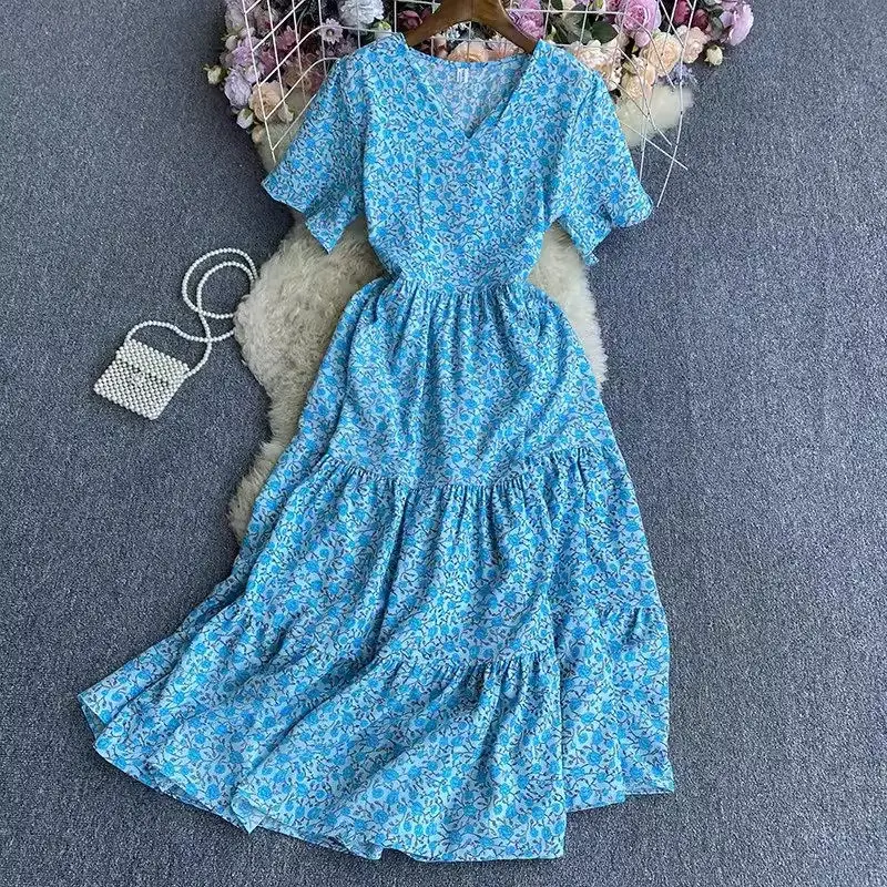 Vestido floral de manga curta feminino, decote em v, estampado retrô coreano, vestido longo para praia, renda, moda verão, Z4932, 2024