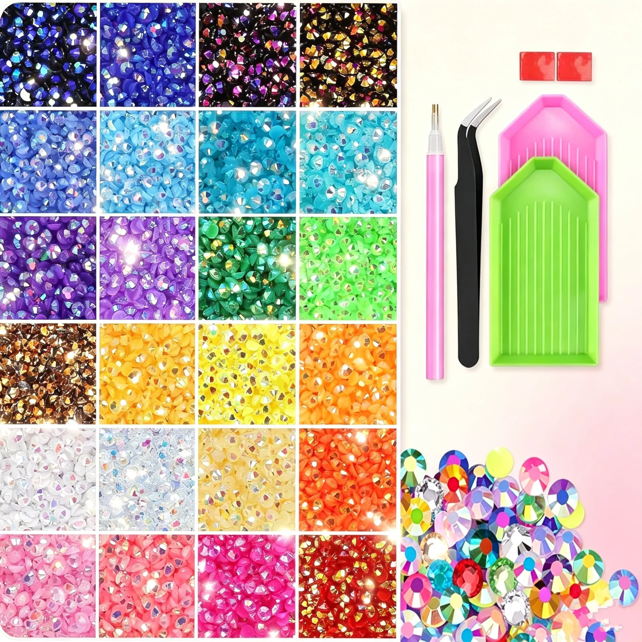 24Grid Resin Flat‑Back Nail Rhinestone with Picker Tools Round Sparkle Crystal Beads Non‑Hotfix Nail Charm Nail Art DIY Supplies