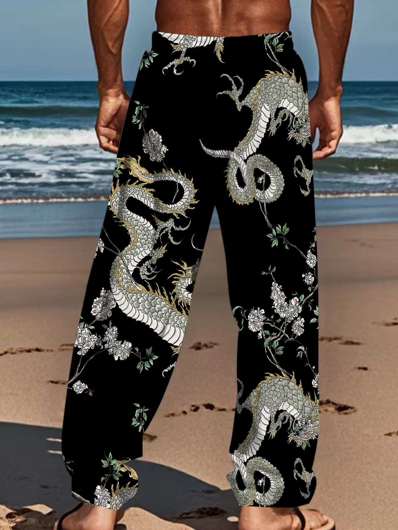 New Arrivals Trendy  Dragon Floral Art Print Unisex Jogger Pants, Casual Sweatpants For Beach Vacation Street Daily Wear
