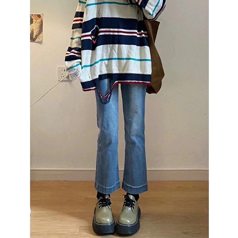 

Свободные тонкие джинсы с высокой талией, женские летние новые расклешенные брюки больших размеров с девятью точками, хлопковая эластичная ткань