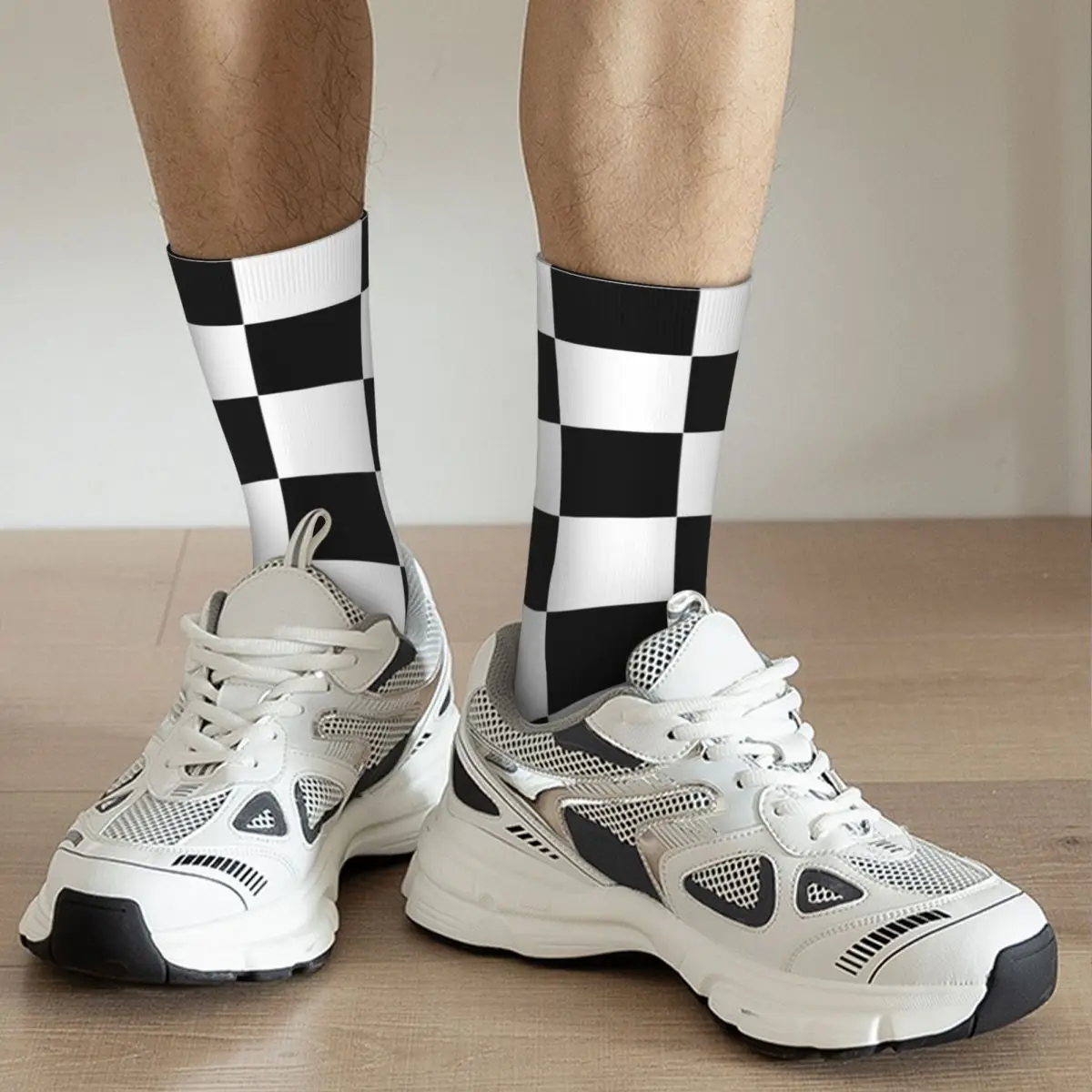 Chaussettes d'hiver unisexes à carreaux noirs et blancs, style de rue, élan, cyclisme, heureux