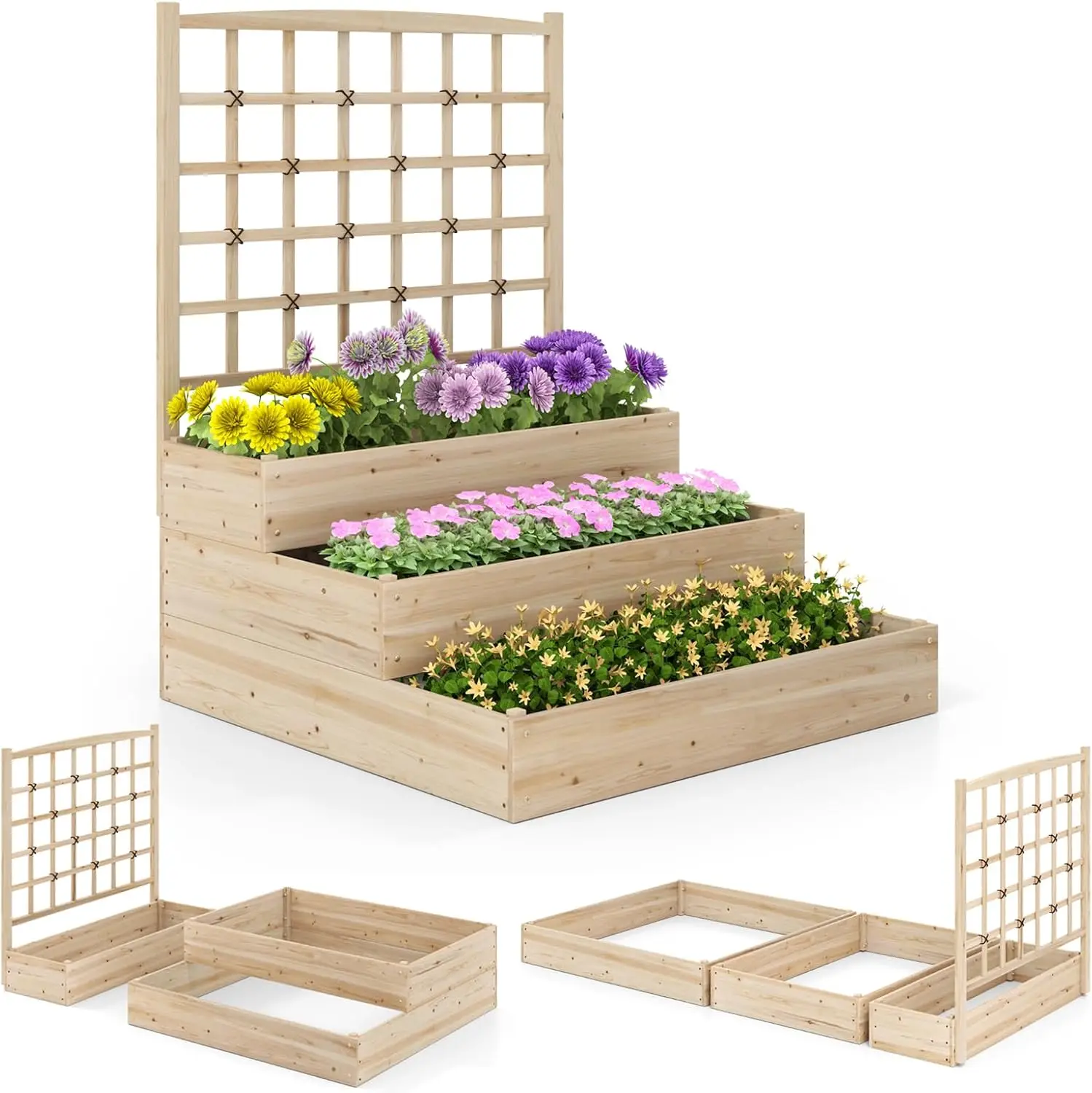 

3-Tier Raised Garden Bed, Wooden Planter with Trellis & Open-Ended Base for Patio Yard Lawn, Outdoor Planter Boxes