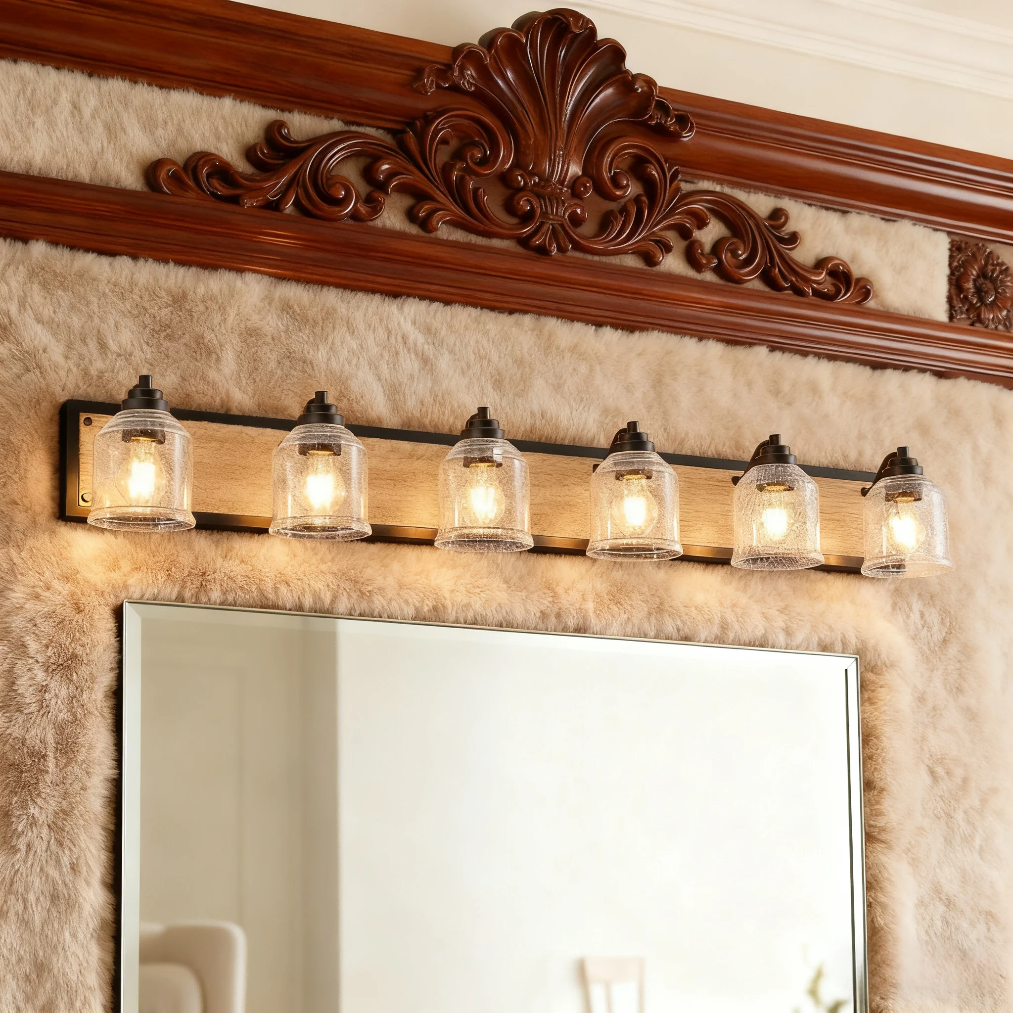 

Luxury Farmhouse Vanity Light Fixture, Bathroom Wall Sconce with Glass Shades,Rustic Black Finish with Wood Backplate(No Bulbs)