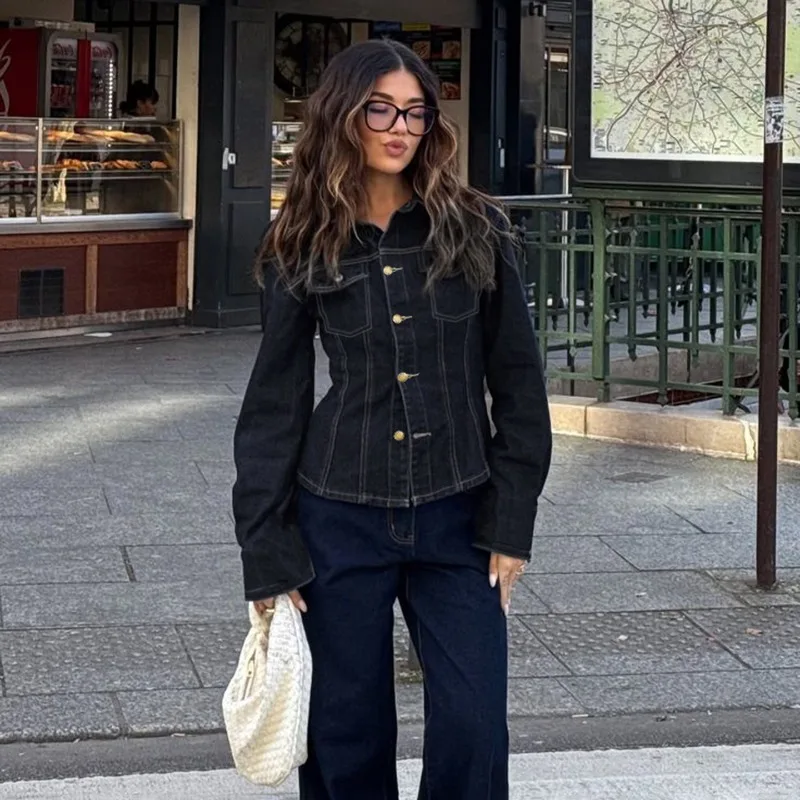 Talenza Women Vintage Denim Jacket Fashion Y2K Patchwork Casual Long-Sleeved Denim Coats Top Autumn Women New Streetwear Outfits