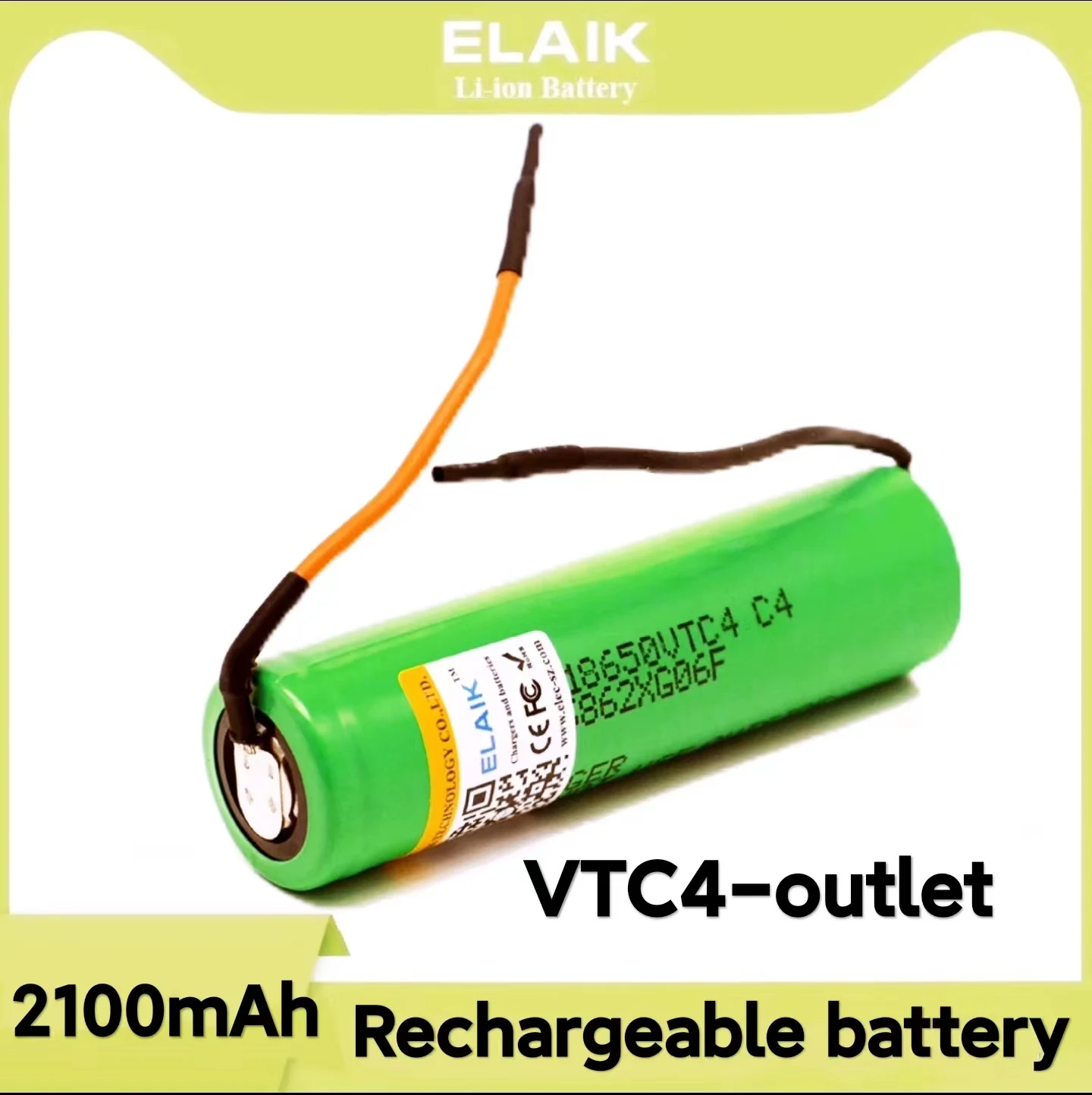 Elaik-シリコンケーブル付き充電式バッテリー,懐中電灯玩具,DIY,放電,3.6v,18650, 2100mah,vtc4,20a,30a,8個