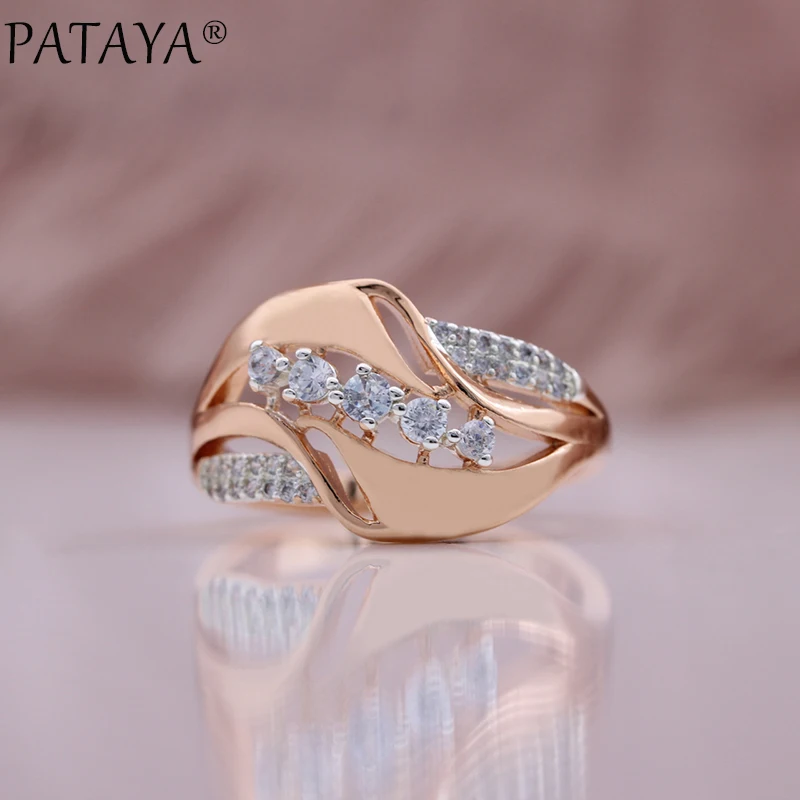 PATAYA New Micro-wax Inlay Natural Zircon Drop Earrings Ring Sets 585 Rose Gold Color Luxury Romatic Women Fashion Jewelry Set