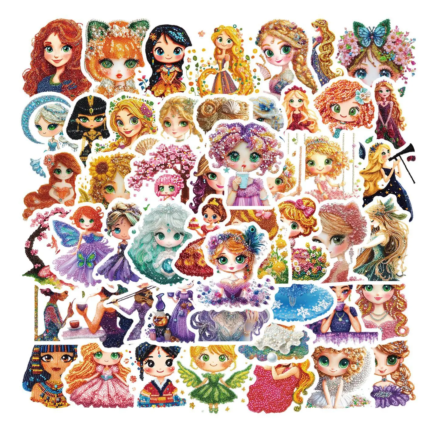 

50PCS Princess Diamond Cartoon Cute Shiny Stickers Cartoon Decals DIY Motorcycle Luggage Guitar Skateboard Funny Sticker Toy