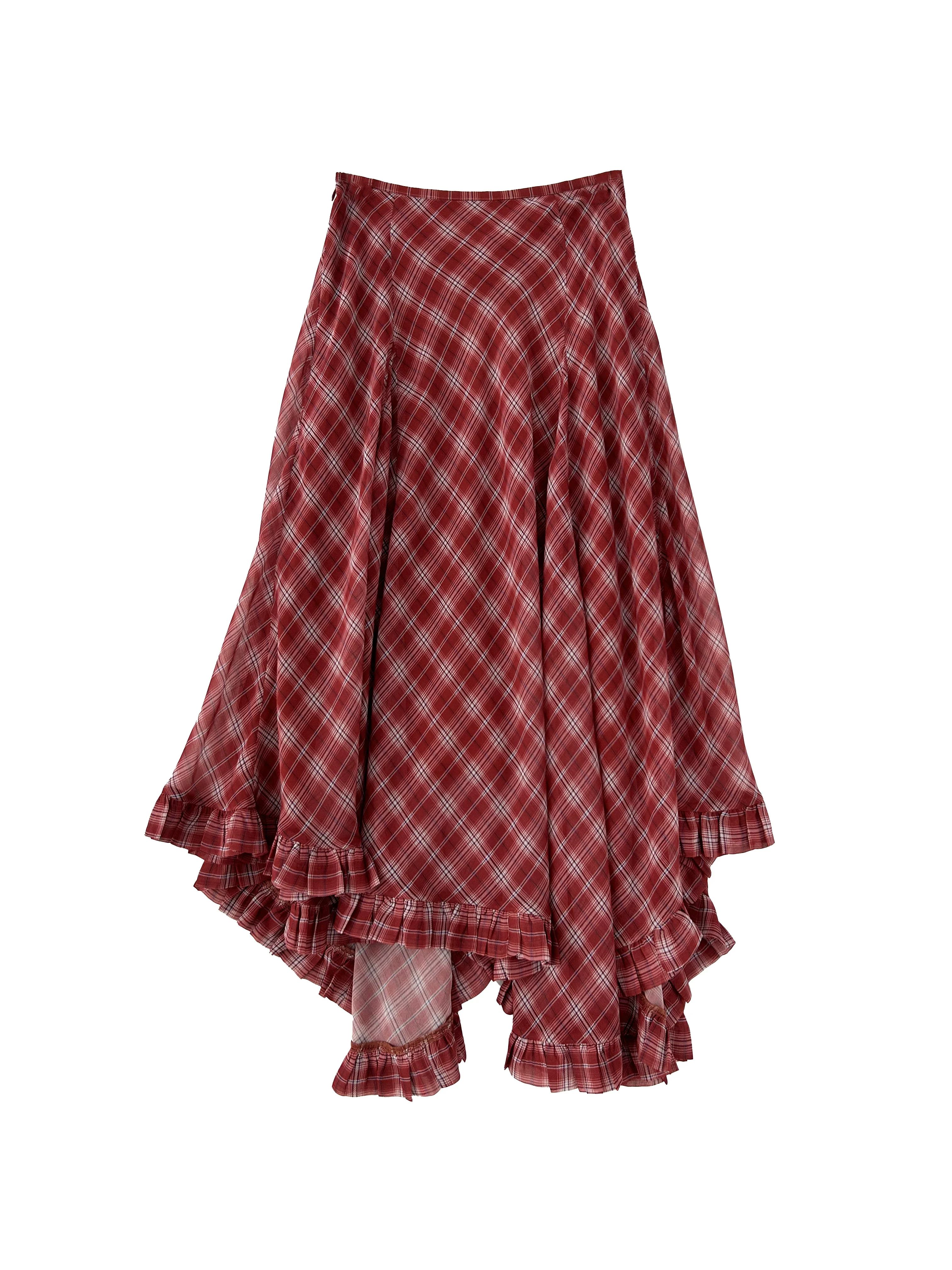 Spring Summer Vintage Two-Tone Plaid Midi Asymmetrical Hem A- Line Skirt Large Flounce Midi Length Silk Half Body Skirt