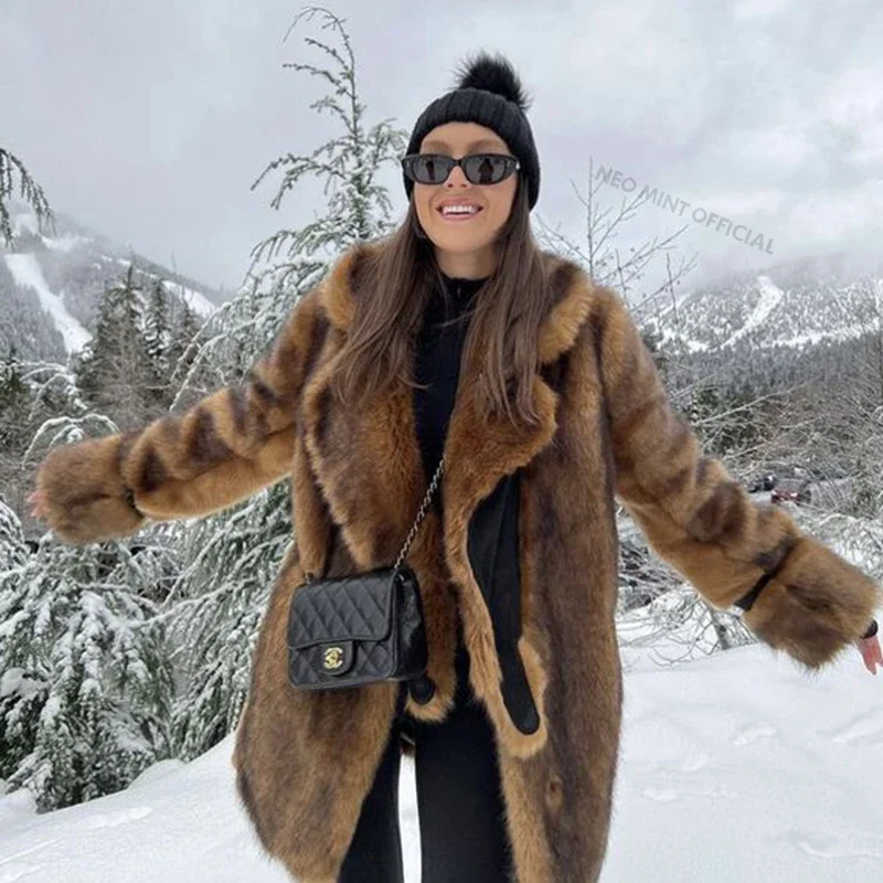 Neo Mint Luxury Brand Long Furry Faux Fur Coat Women 2024 Winter Brown Vintage Gradient Thick Warm Outerwear Fluffy Fur Jacket