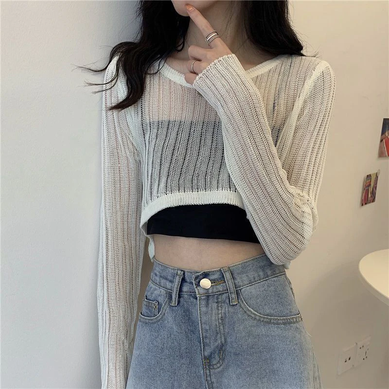 Hollow Out T Shirts Women Korean O Neck Loose Sunscreen Fashion All Match Tees Summer Long Sleeve Solid Thin Crop Tops