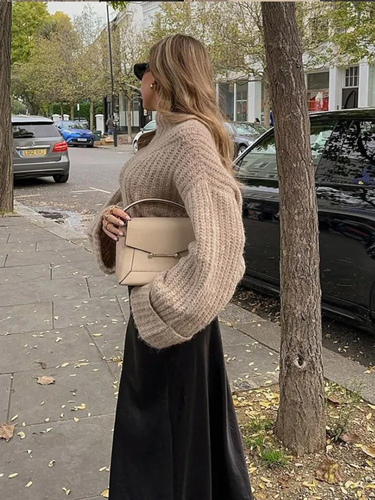 Elegant Solid Soft Knitted Pullover Women New Half-neck Long Sleeves Oversize Sweaters Autumn Warm Lady High Street Knitwear ﻿