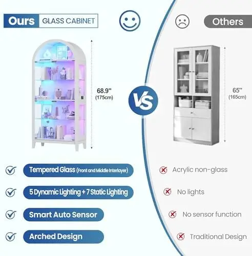 5-Tier Arched Glass Display Cabinet with RGB Lights for Living Room | LED Curio Cabinet with Glass Door & Motion view 5