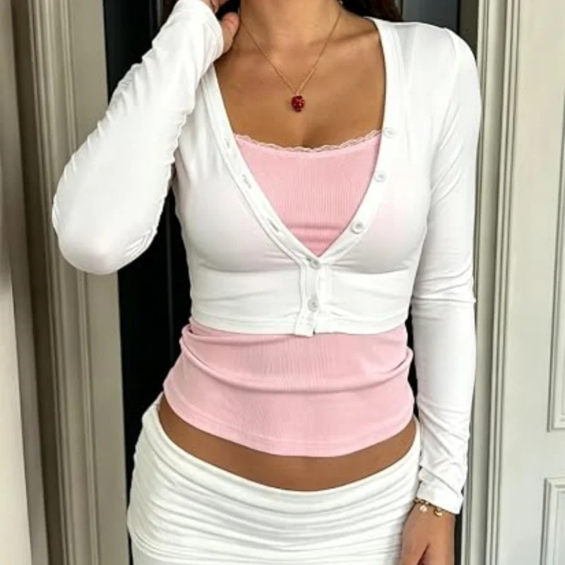 Women Cute Long Sleeve Button Down Crop Top Y2k Low Cut V Neck Slim Fitted Shrug Cardigan Coquette Going Out Yoga Shirt