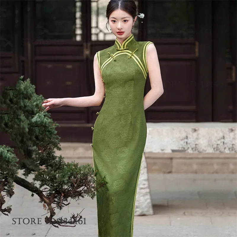 

Китайское традиционное жаккардовое платье-ципао с цветочным узором, винтажное классическое женское длинное платье-чонсам, сексуальное облегающее безрукавное платье с разрезом, китайское платье-вестидос