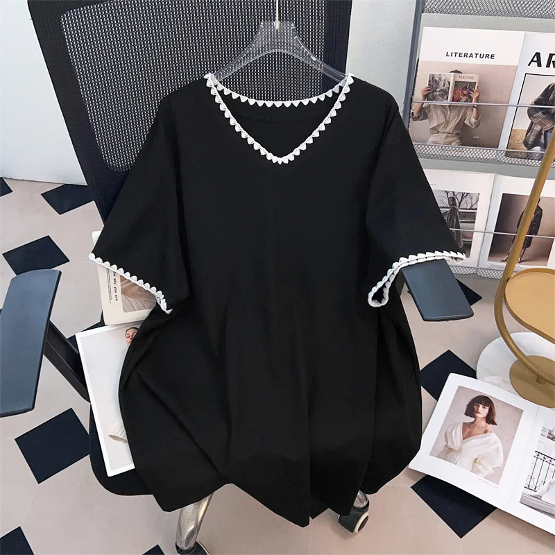 170Kg Kaus Lengan Pendek Leher-v Longgar Musim Panas 170 Dada Wanita Ukuran Besar Hitam Putih 4XL 5XL 6XL 7XL 8XL 9XL