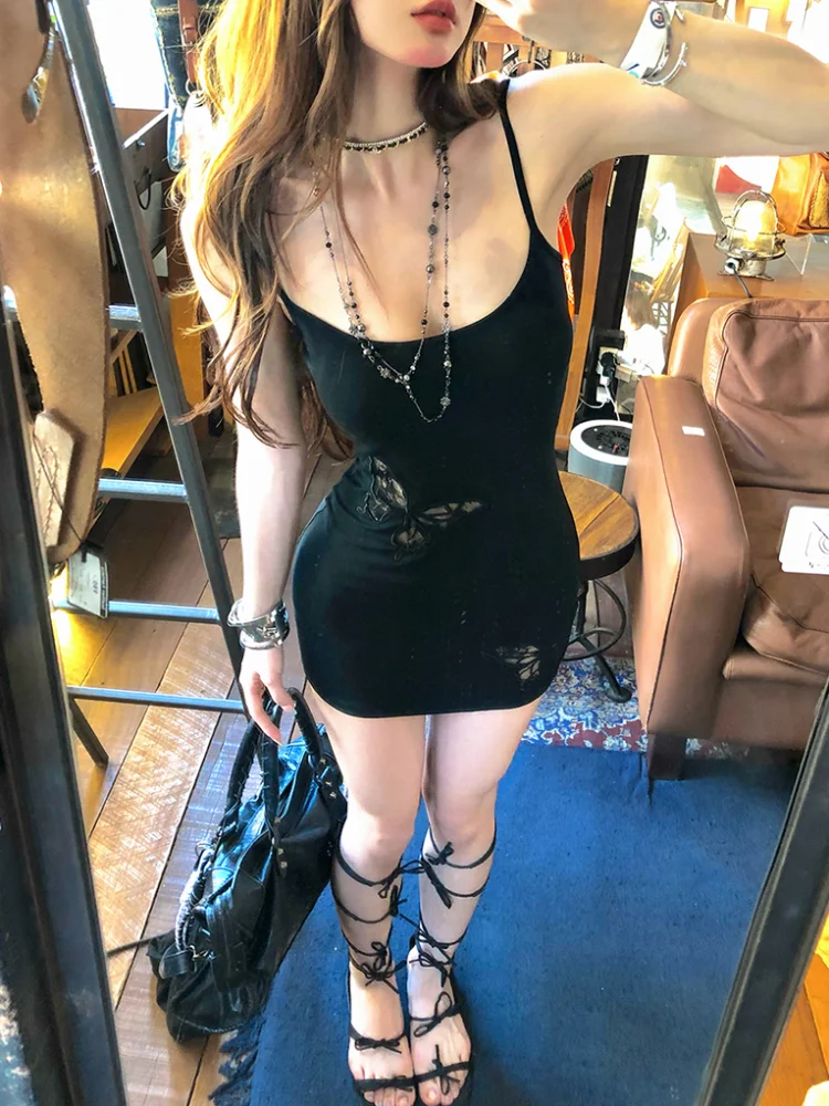 Zomer Spaghetti Band Mini Jurk Vrouwen Sexy Bodycon Club Party Jurken Hol Vlinder Hemdje Zwarte Schede Zonnejurk