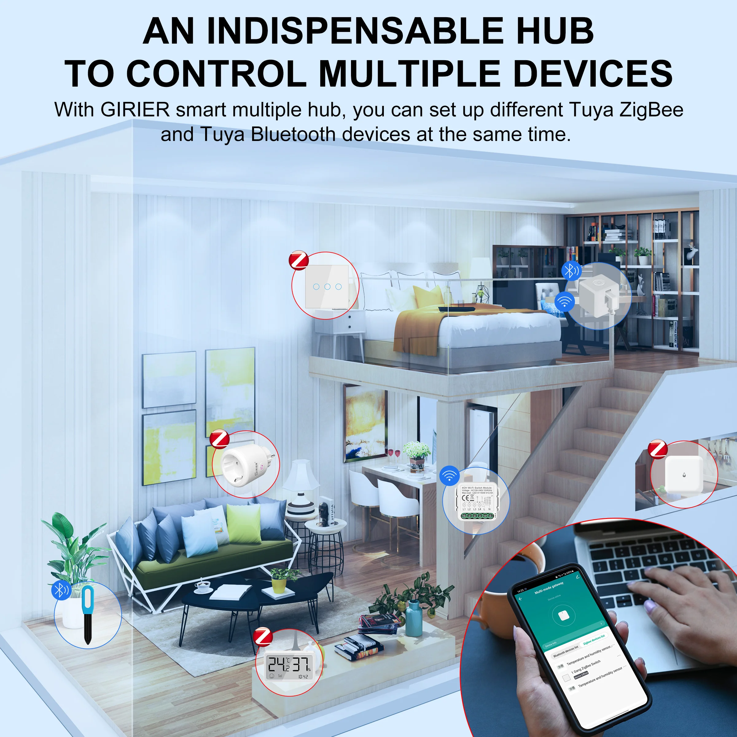 GIRIER Tuya ZigBee Gateway Hub Wireless Multi-mode ZigBee/Bluetooth Gateway Bridge per l\'automazione domestica supporta Alexa Hey Google