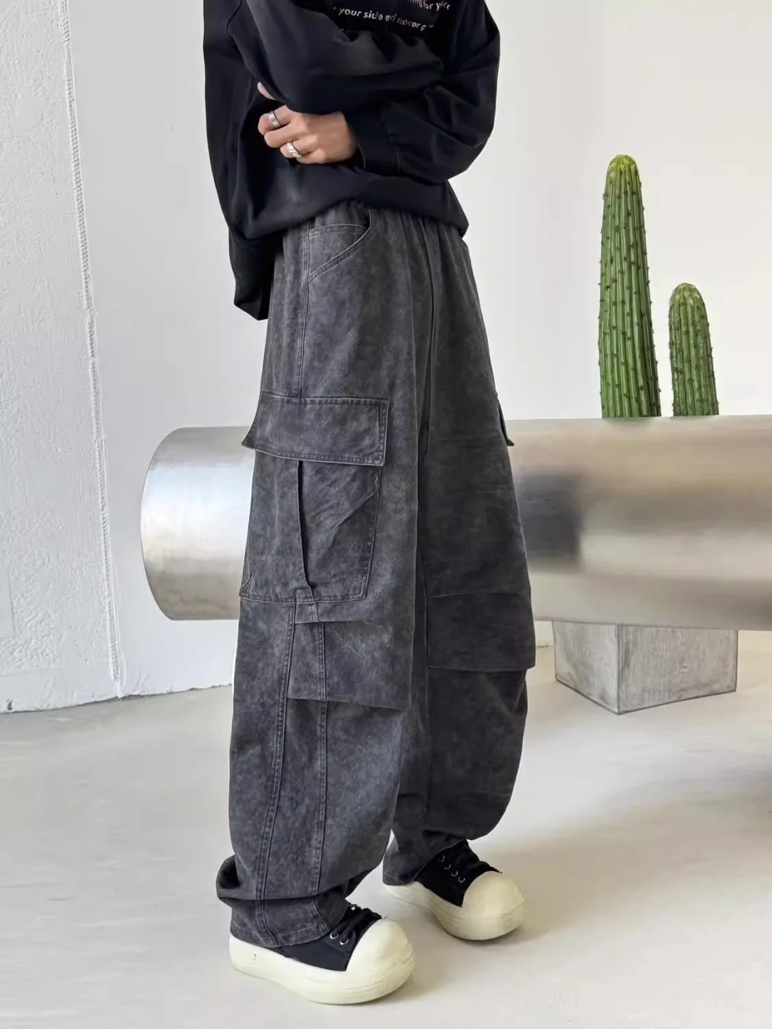 

Waed Street Sle Loose Straight Leg Work Pants for Teenage Boys Retro American ket Detail Anti-Wrinkle Casual Trousers