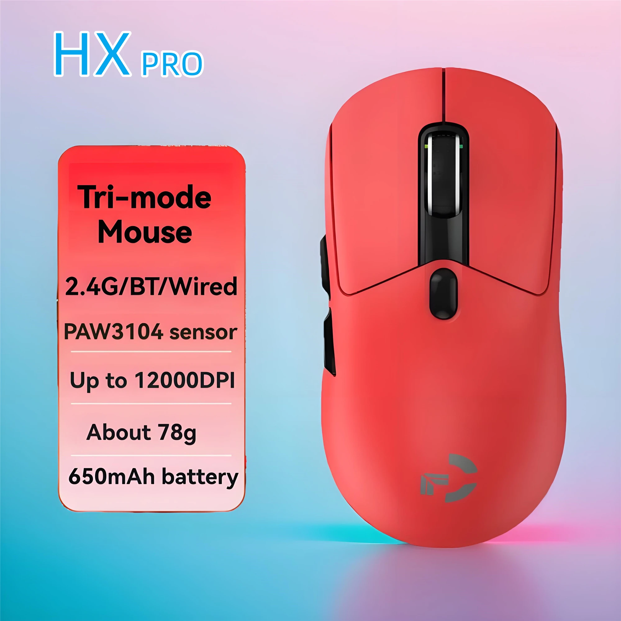 

Трехрежимная легкая игровая мышь Bluetooth 2,4G, аккумулятор 650 мАч, RGB подсветка, 12000 точек на дюйм, PAW3104, игровая мышь, частота возврата 1000 Гц