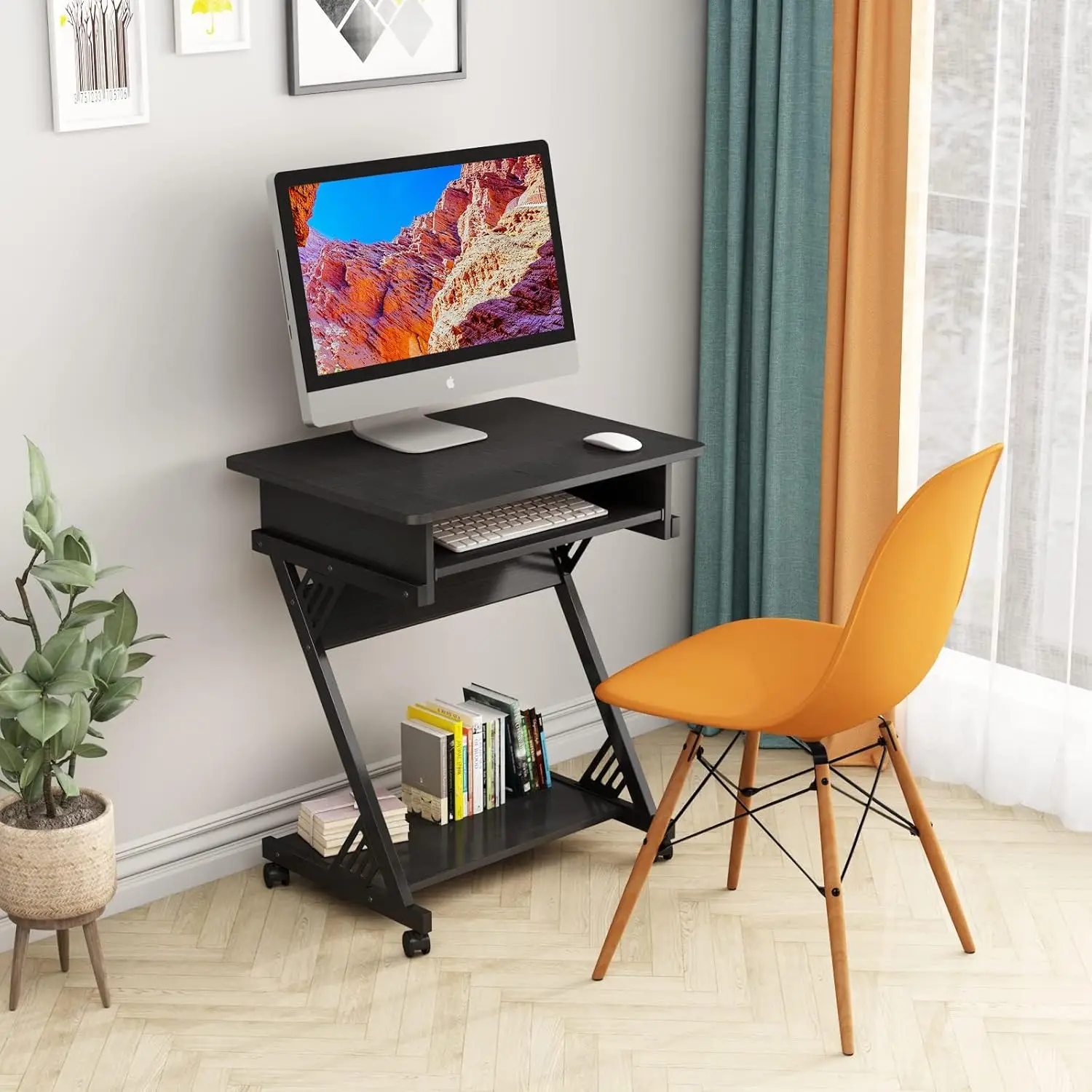 

Rolling Black Small Corner Computer Desk for Home Office Study with Shelves Compact mobile Laptop Cart on Wheels