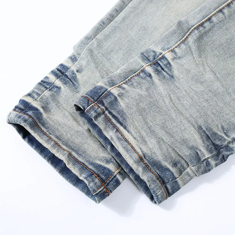 Immagine 7: Jeans alla Moda High Street, Nuovi Jeans con Perline, Lavaggio Acqua, Perforati, Patch Retrò, Jeans Azzurro Chiaro, Pantaloni Hip Hop di Marca High Street Y2K